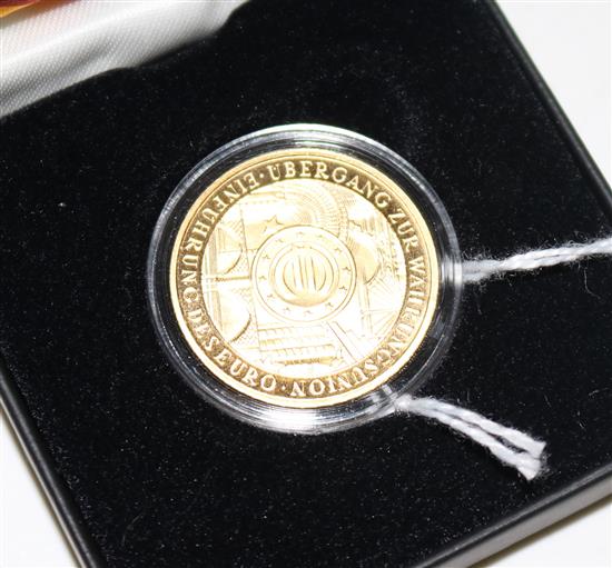 2002 100 Euro .9999 purity gold commemorative coin, cased with certificate